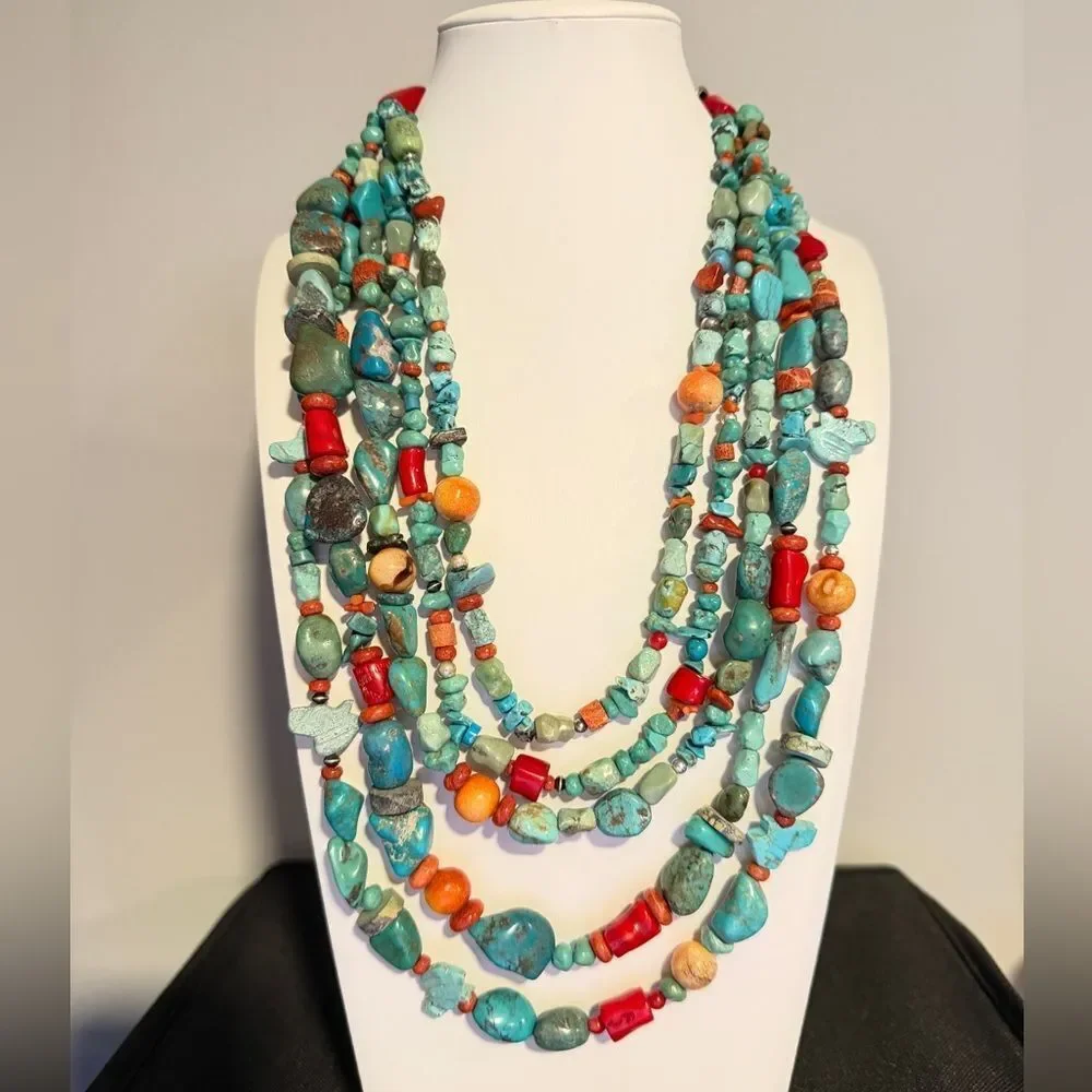 AMAZING ~20" 5 strands of Coral, Silver, TURQUOISE beads w/ VTG 925 TAXCO clasp! - Picture 10 of 13